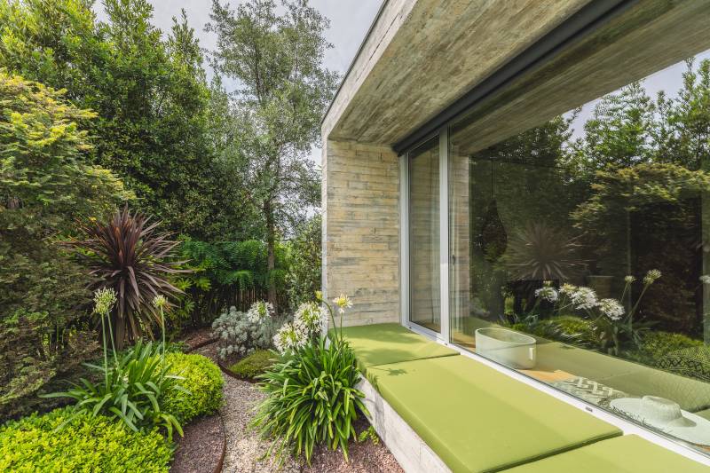 Maison moderne avec terrasse et piscine intégrée dans un jardin paysager